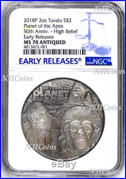 2018 Planet of the Apes 50th Ann. SILVER $2 2oz COIN NGC MS 70 ANTIQUED ER